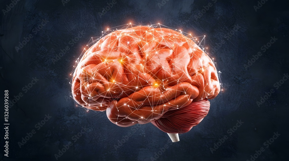 Poster the image shows a detailed 3d rendering of a human brain, highlighted with a network of glowing line
