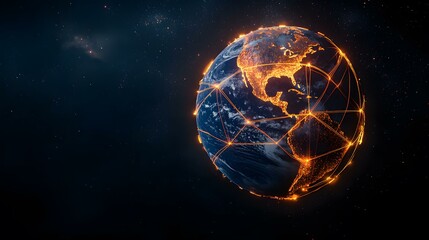 The image shows a digital rendering of planet Earth, set against a backdrop of space.  Glowing orange lines connect numerous points across the Earth's surface, visualizing a global network.