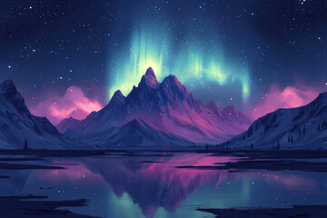 vibrant aurora borealis over serene mountain landscape