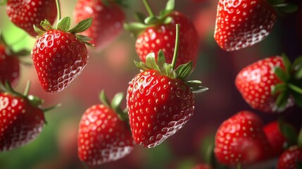 23.A realistic strawberry design featuring detailed fruits and blurred duplicates to convey a cascading effect. The sharp focus on individual berries highlights their freshness and vibrancy.