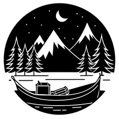 Canoe with camping gear on a riverbank silhouette vector illustration