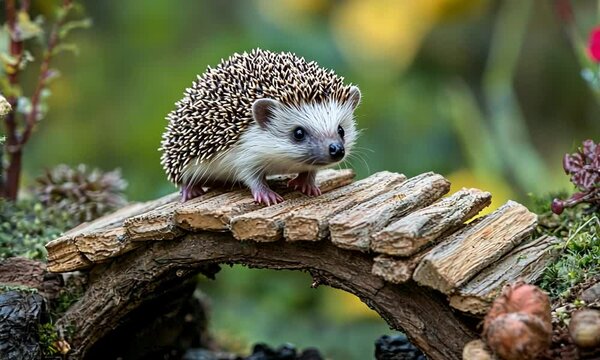 A hedgehog curiously exploring a miniature wooden bridge in a vibrant garden setting