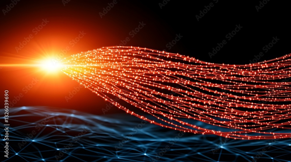 Poster the image contains a vibrant abstract depiction of data streams. a bright orange wave of light, comp