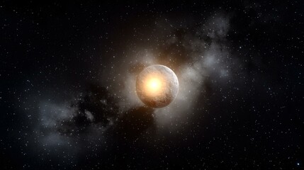 Fototapeta premium The image shows a celestial body, possibly a planet or moon, with a bright, luminous core visible through a seemingly fractured surface. It is set against a backdrop of a dark, star-filled space wit