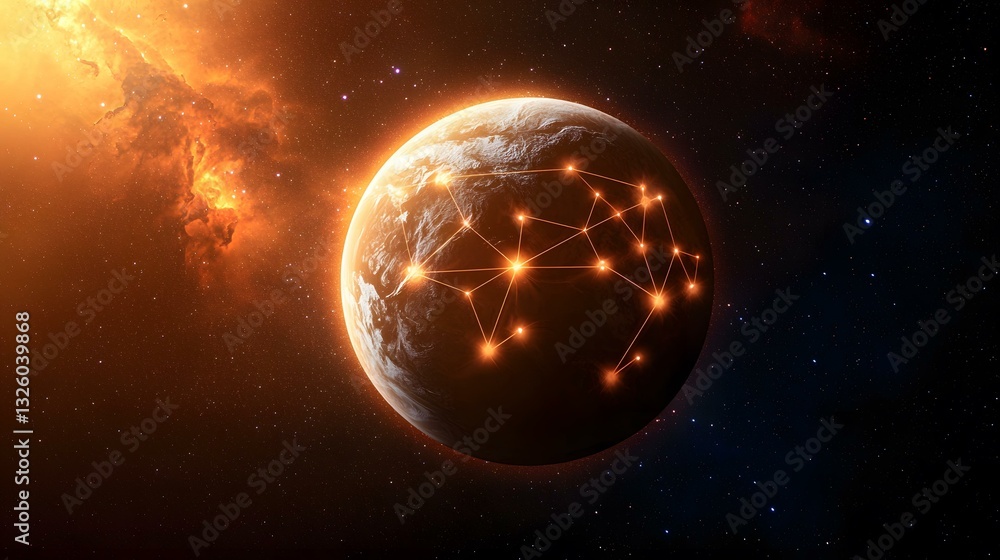 Aufkleber the image shows a planet earth-like in space, with a network of glowing orange lines connecting vari