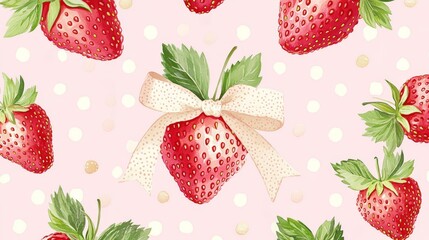 3.A repeating design showcasing bright strawberries paired with intricate green leaves and tied with pastel ribbon bows. The pink background is decorated with subtle polka dots for added texture and