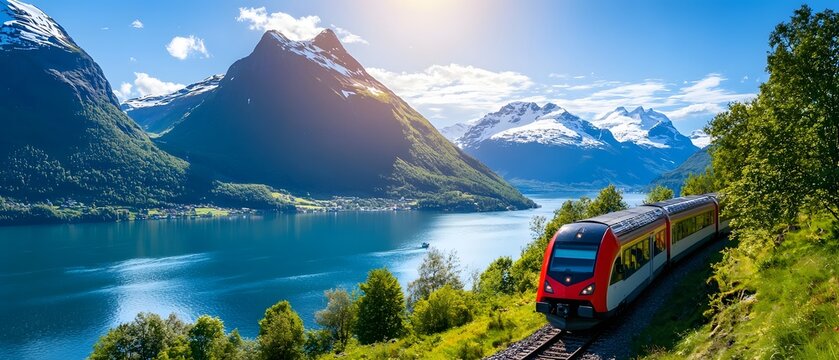 Scenic train journey through majestic mountains and serene lake norway landscape photography daytime nature's beauty
