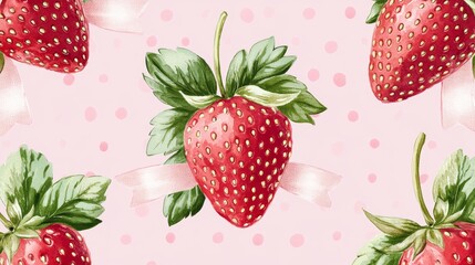3.A repeating design showcasing bright strawberries paired with intricate green leaves and tied with pastel ribbon bows. The pink background is decorated with subtle polka dots for added texture and
