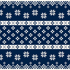 Pixel Christmas Pattern with White Snowflake Icons on Blue Background,Nordic and Scandinavian Style,Ideal for Gift Wrapping,Sweaters,Fabric,Border,Banner and Digital Art Projects During the Holiday