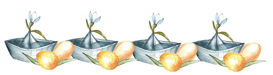 Watercolor drawing of a garland of paper gray boat and eggs in orange with snowdrops connected by green leaves. Hand drawn illustration on white background for cards