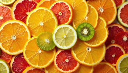 Fototapeta premium Slices of various citrus fruits form a circular, repeating pattern , food photography, fruit, still life