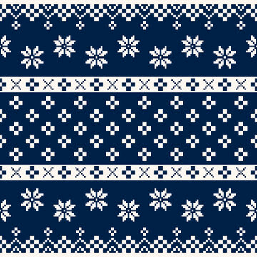 Pixel Christmas Pattern with White Snowflake Icons on Blue Background,Nordic and Scandinavian Style,Ideal for Gift Wrapping,Sweaters,Fabric,Border,Banner and Digital Art Projects During the Holiday