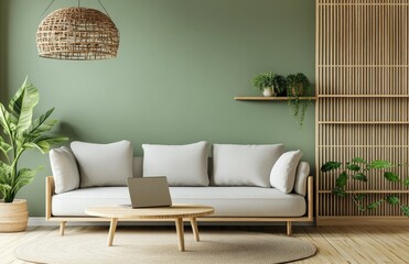 A light green living room with wooden shelves, a gray sofa, and a white coffee table against the wall.