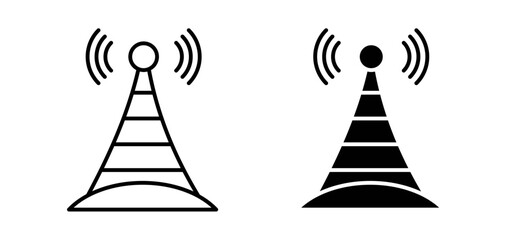 Broadcast tower vector icon set black filled and outlined style.