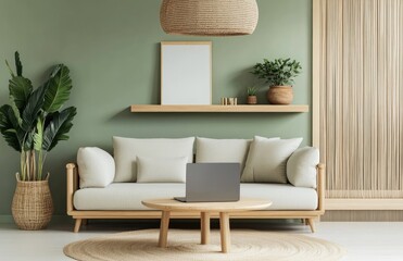 A light green living room with wooden shelves, a gray sofa, and a white coffee table against the wall.