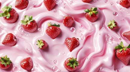 98.A seamless 3D pattern of swirling pink milk waves with vibrant strawberries floating within the splashes. The design includes realistic droplets and a glossy texture, creating a dynamic, fluid