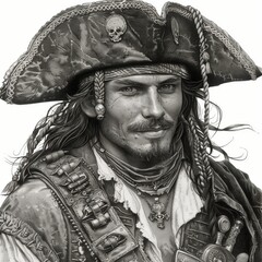 A striking depiction of a pirate with long tousled hair, wearing a large hat decorated with a skull emblem. The sailor exudes confidence and charm, showcasing an adventurous spirit
