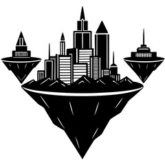 Floating islands with futuristic buildings silhouette vector illustration