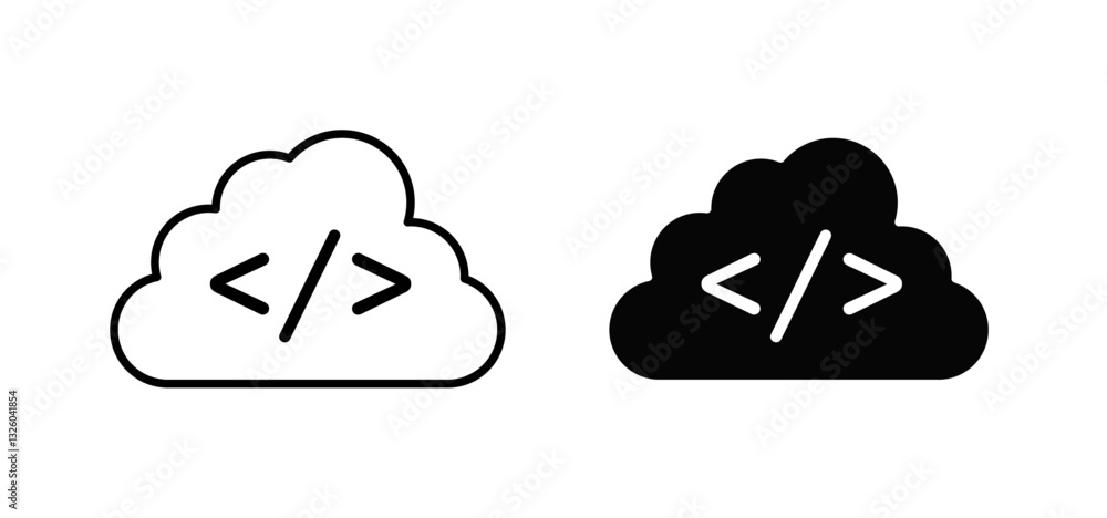 Poster cloud code vector icon set black filled and outlined style.