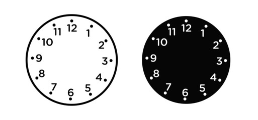 Clock face vector icon set black filled and outlined style.