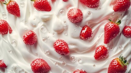 101.A smooth, flowing pattern of yogurt splashes intertwined with bright red strawberries, surrounded by droplets and soft highlights for a lifelike, immersive effect.
