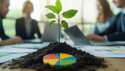 Plant sprouting from office table center, surrounded by business people on laptops and documents, colorful pie chart showing growth numbers, symbolizing digital green progress and sustainable developm