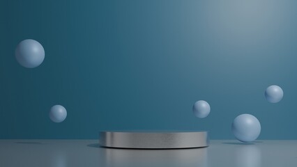 3D Render A blue background with a silver sphere and a few blue spheres