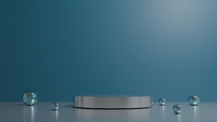 3D Render A silver podium with a blue background and a few blue spheres on the floor