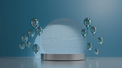 3D Render A silver pedestal with a blue background