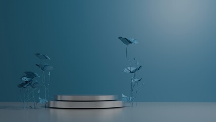 3D Render A blue background with a silver structure in the middle