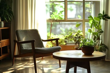 Cozy modern living room with wooden armchair, round coffee table, sunlight-filled space, white curtains, and vibrant potted plants adding greenery.