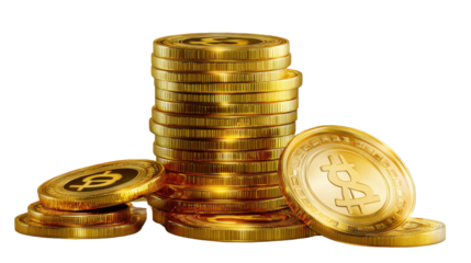 "A stack of gold coins with intricate designs, isolated on transparent background, giving an elegant and luxurious look."