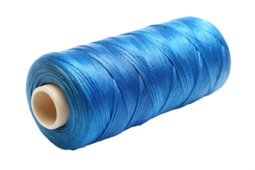 Blue sewing thread reel positioned at center on a bright white background PNG. GENERATIVE AI
