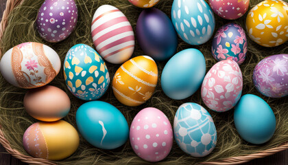 Fototapeta premium Vibrant Easter eggs in a woven basket, arranged on a rustic wooden surface, symbolizing spring and celebration