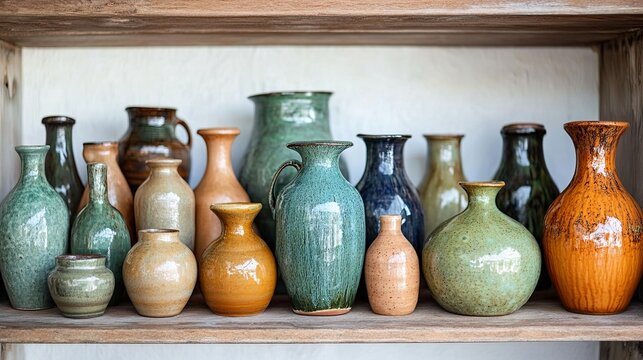 A detailed shot of a handmade pottery collection on a wooden shelf digital