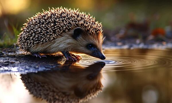 A hedgehog drinking from a tranquil puddle, surrounded by soft, blurred autumn foliage in the background