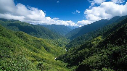 Naklejka premium Scenic Green Mountain Valley Landscape with Blue Sky and White Clouds