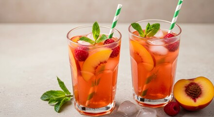 Fototapeta premium TWO tall glasses of a refreshing, orange-red chilled drink. Each glass is filled with ice cubes, slices of peach, raspberries, and garnished with fresh mint leaves. 