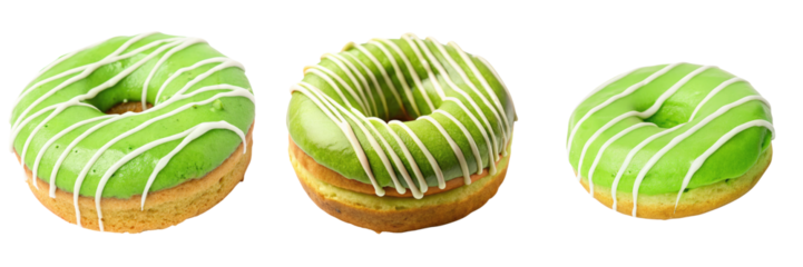 Three green donuts with white icing drizzled on top, arranged in a row, showcasing a variety of shapes and designs.