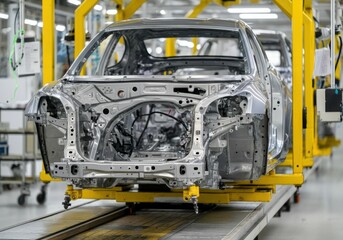 Fototapeta premium Car chassis on assembly line in a modern automotive manufacturing facility