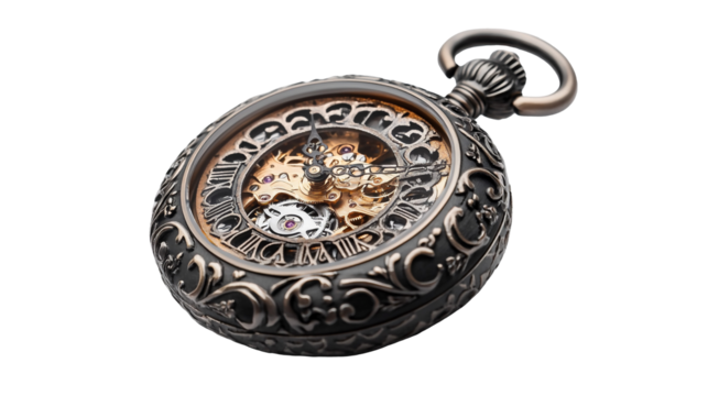 精密な歯車が見えるアンティーク懐中時計、時の歪み。generative ai