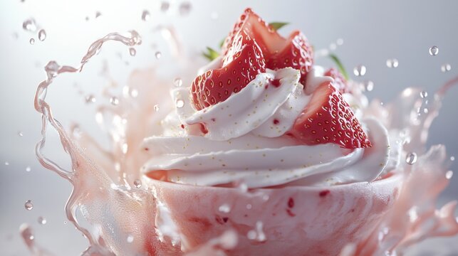 106.A visually stunning strawberry ice cream cup featuring intricate swirls of creamy texture, fresh fruit toppings, and vibrant milk droplets in motion, captured from an angled perspective.