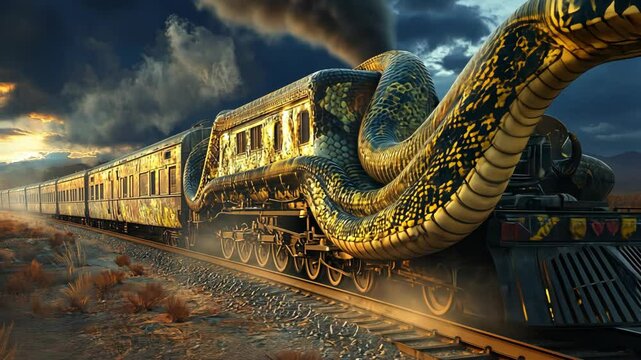 an old train turn into big python under black sky