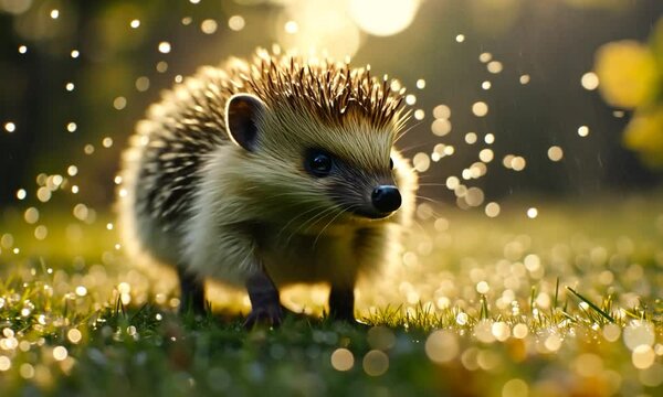 A hedgehog exploring a sunlit garden, surrounded by sparkling droplets of water, evoking a serene nature scene
