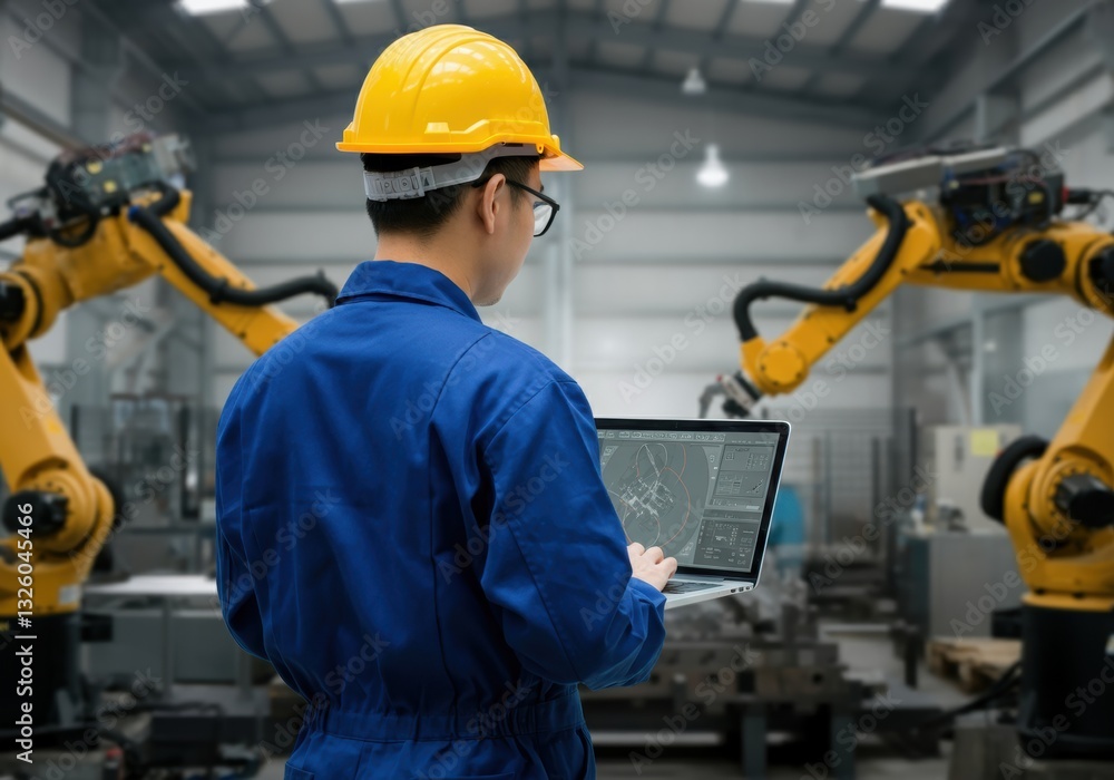 Aufkleber engineer using a laptop to monitor robotic arms in a modern factory