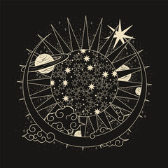 Vector illustration set of moon phases. Different stages of moonlight activity in vintage engraving style. Zodiac Signs	