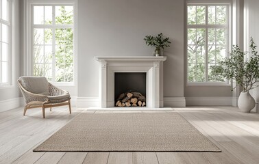 Beige carpet on the floor in a Scandinavian interior with a fireplace and an armchair, a Scandinavian home decor concept, a simple living room design with modern minimalist furniture