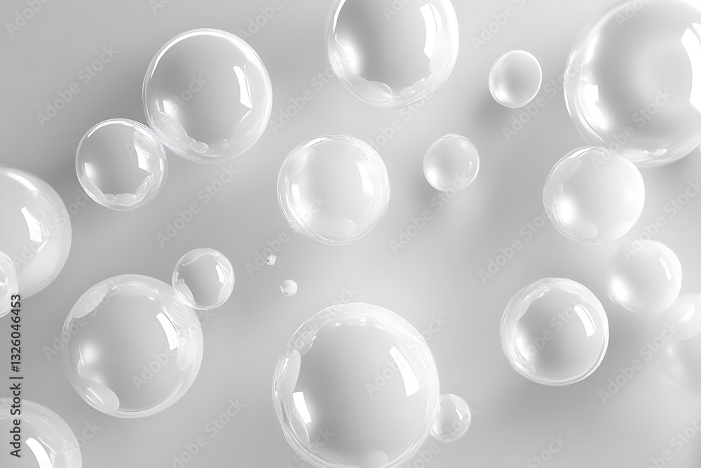 Poster 3d render of white bubbles on a grey background, viewed from above, creating a soft and modern aesth