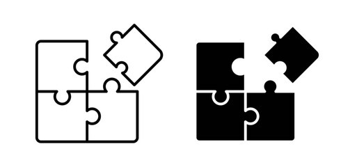 Puzzle pieces vector icon set black filled and outlined style.