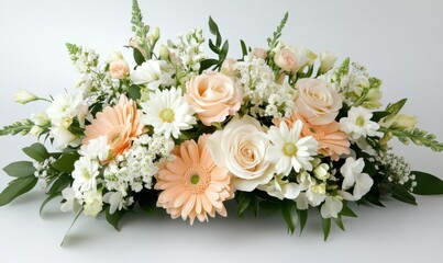 A beautiful floral arrangement featuring soft peach and white flowers.